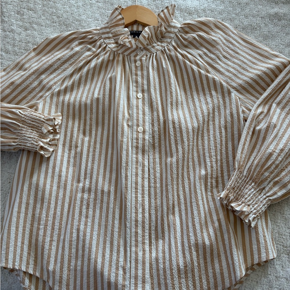 Veronica Beard Striped Ruffle Blouse